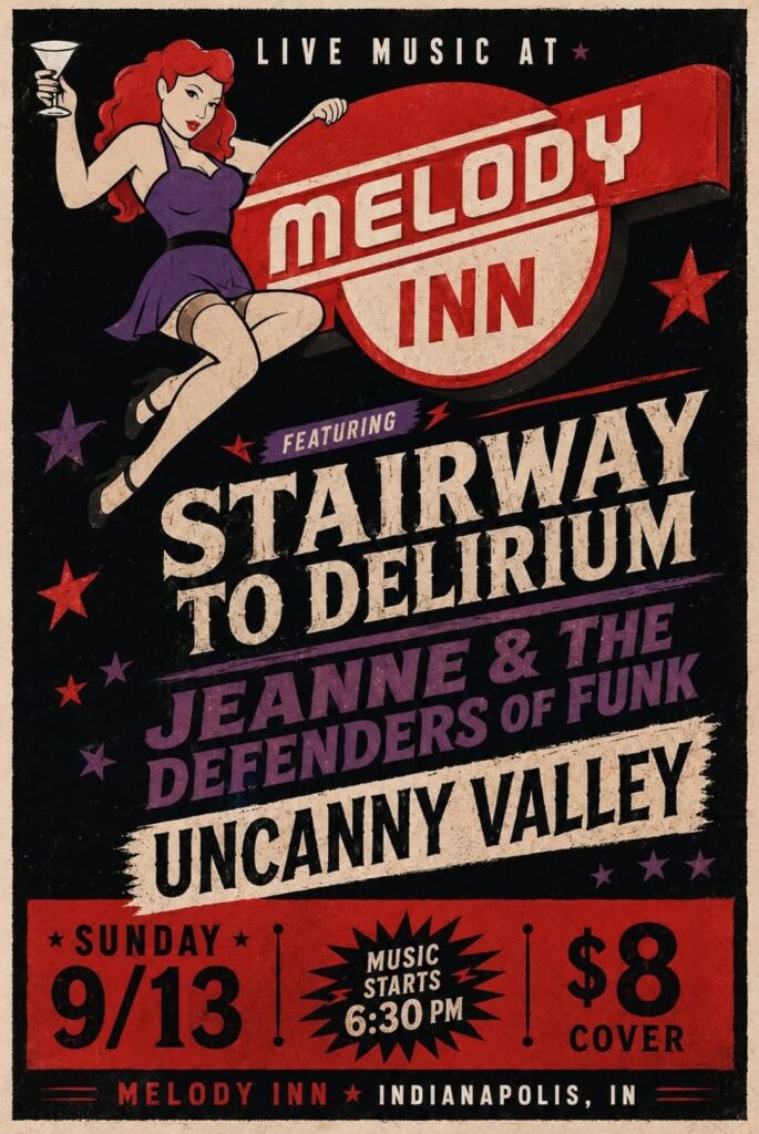 STAIRWAY TO DELIRIUM, JEANNE & THE DEFENDERS OF FUNK, UNCANNY VALLEY @ Melody Inn | Indianapolis | Indiana | United States